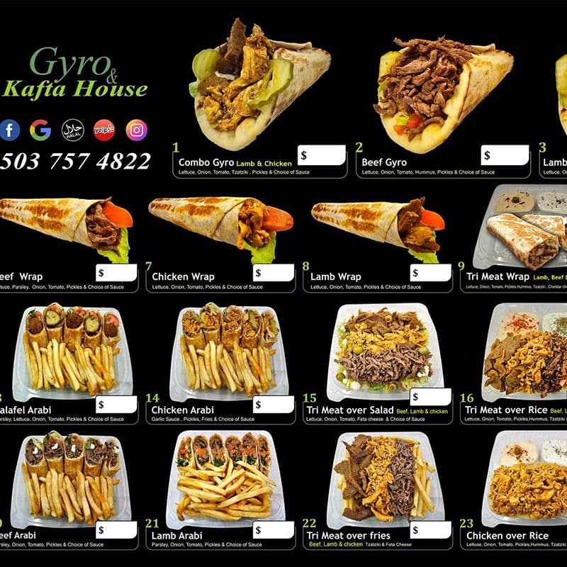 Gyro & Kafta House menu items, including Combo Gyro, Beef Gyro, Lamb Gyro, Chicken Wrap, Lamb Wrap, Chicken Arabi, Tri Meat over Salad, Tri Meat over Rice, Lamb arabi, tri meat over fries, chicken over rice.